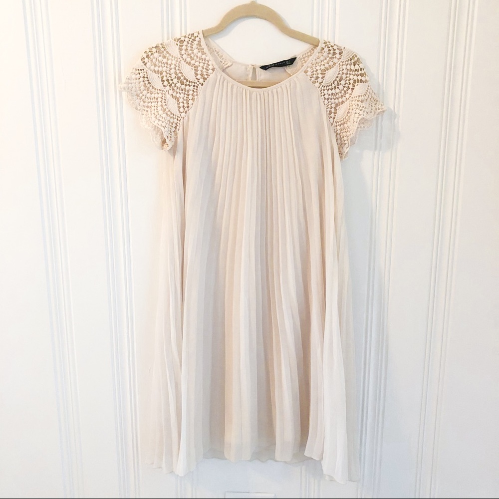Zara Off-White Pleated Crochet Shoulder Mini Dress